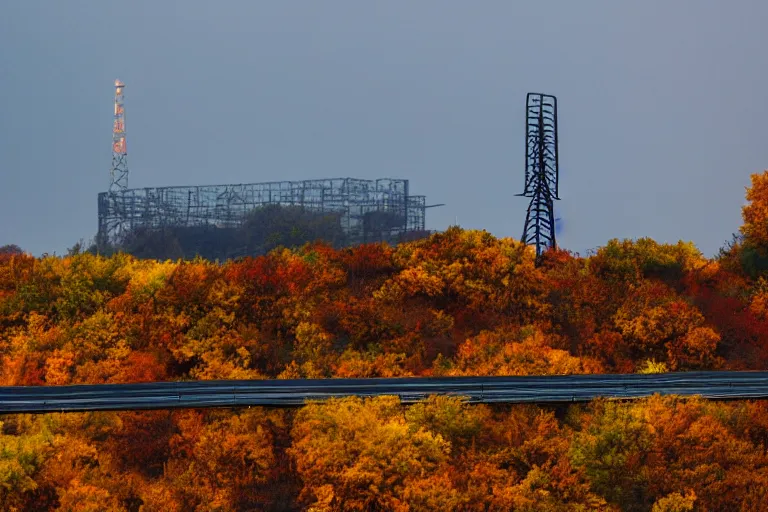 Image similar to a road next to warehouses, and a autumn hill background with a radio tower on top, 3 0 0 mm telephoto lens