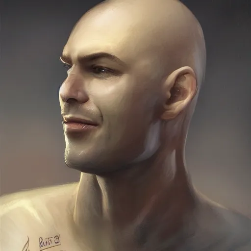 Image similar to a head - on detailed oil portrait of a young handsome round - faced smiling bald man, by charlie bowater, lise deharme, wlop, trending on artstation, dungeon and dragons art, critical role