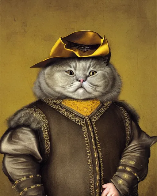 Prompt: fat gray cat with yellow eyes dressed like henry viii, tudor period menswear, hans holbein the younger, greg rutkowski, royal portrait, painting