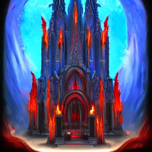 Image similar to A blazing and bright blue flame is worshipped at the center of a gothic temple by hooded cultists dressed in red at night; dark fantasy; trending on artstation