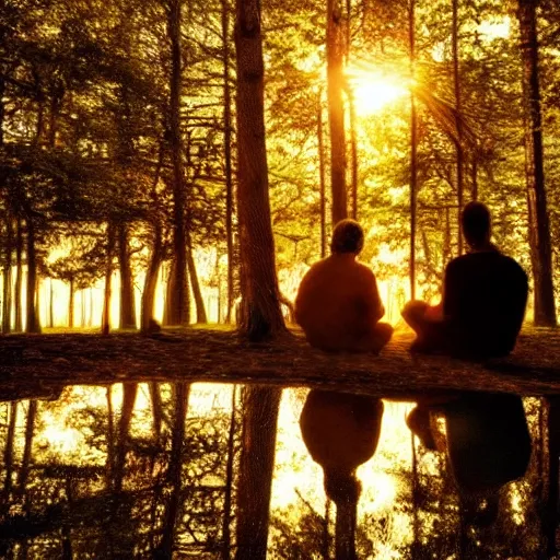 Image similar to sitting around the fire, forest, sea, highly detailed, cinematic, ray of golden sunlight