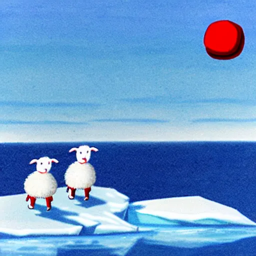 Image similar to cartoon drawing of a seal tossing a red ball with a white lamb in antarctica. the seal's head is sticking out above the water and the sheep is standing near the edge of ice