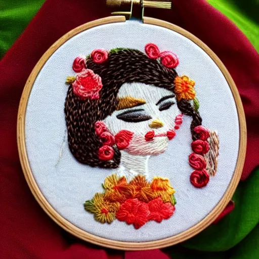 Image similar to a tiny beautiful handmade embroidery of a woman. hand embroidery.