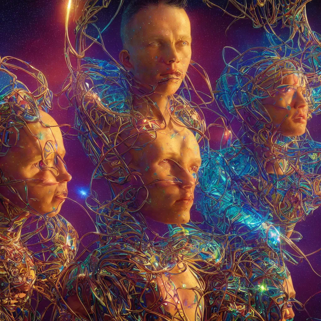 Image similar to extremely detailed cinematic movie still 3 0 7 7 full body shot of 2 1 years old twins hyperreal skin face golden energy strings art - nouveau style with rainbow shining crystals by denis villeneuve, wayne barlowe, simon birch, marc simonetti, philippe druillet, bright volumetric sunlight, rich moody colors, bokeh
