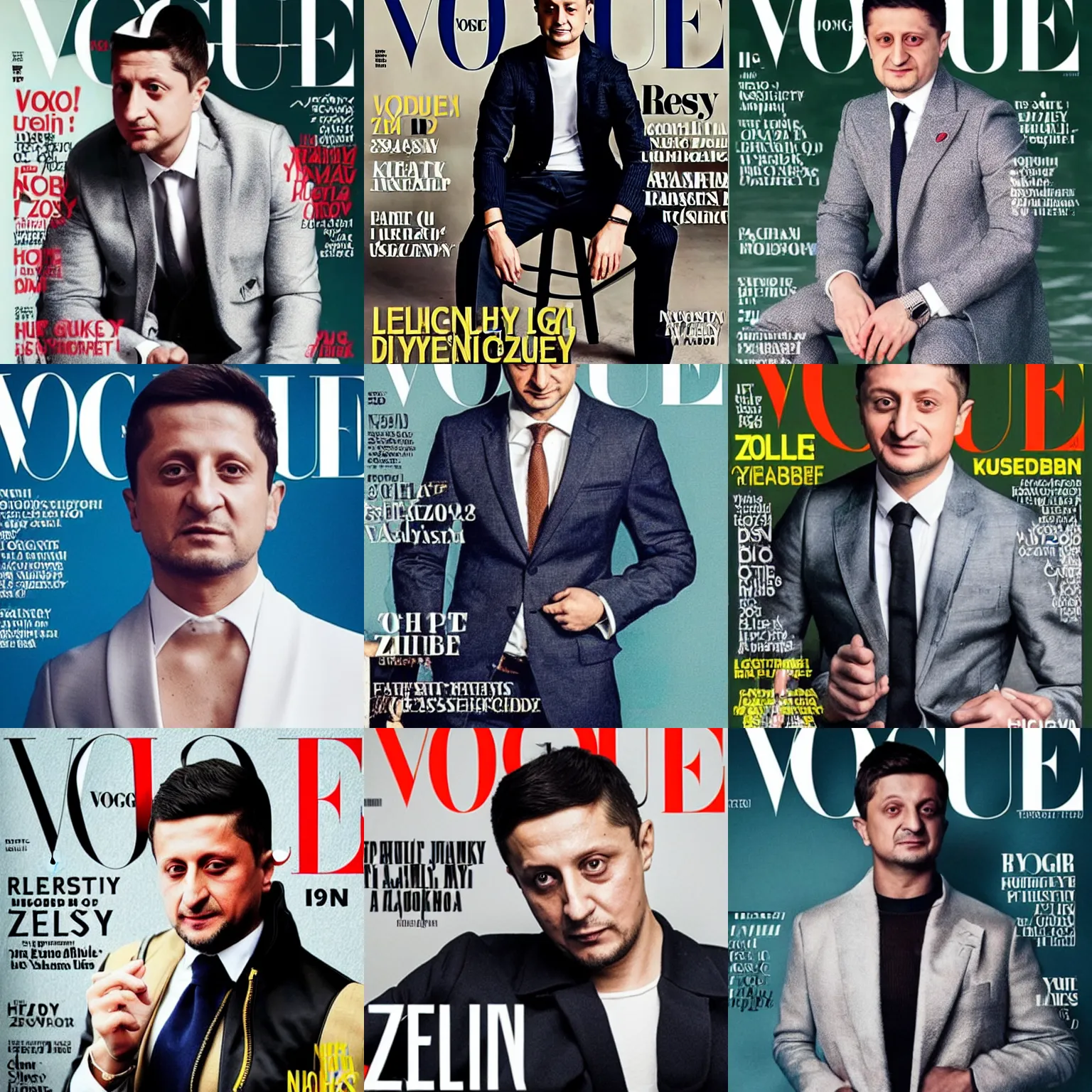 Prompt: Volodymyr Zelensky dressed like a gangster on the cover of the Vogue magazine