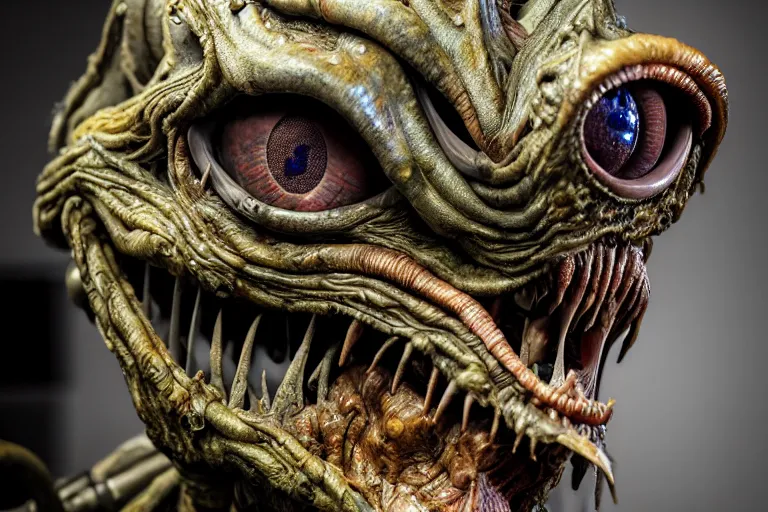 Prompt: wide angle photo taken of an epic intricate, ultra detailed, super realistic gritty, hero prop, exquisitely weathered animatronic movie prop of a lifelike sculpture of a nightmarish hellish alien creature displayed in the workshop, created by weta workshop, full body shot, photorealistic, sharp focus