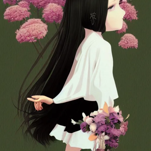 Image similar to little girl with flowers on her long black hair, dressed in a simple white dress, anime art style, digital artwork made by ilya kuvshinov, inspired in balthus