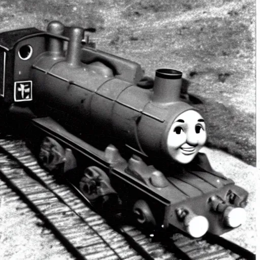 Prompt: WW2 era photograph of a rail artillery with Thomas the Tank Engine's face