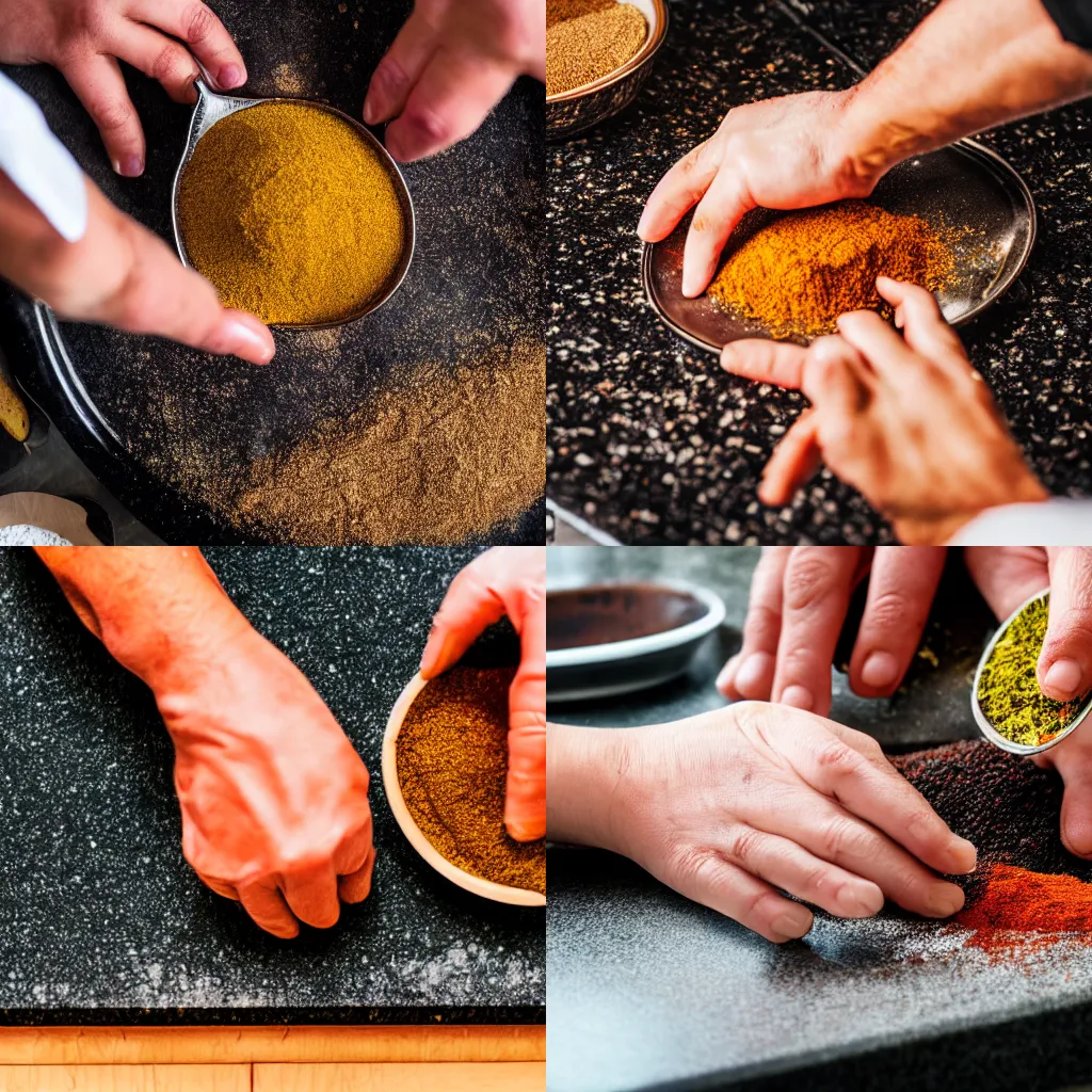 Prompt: photograph of a chef's hands seasoning a cat with spices on a granite countertop