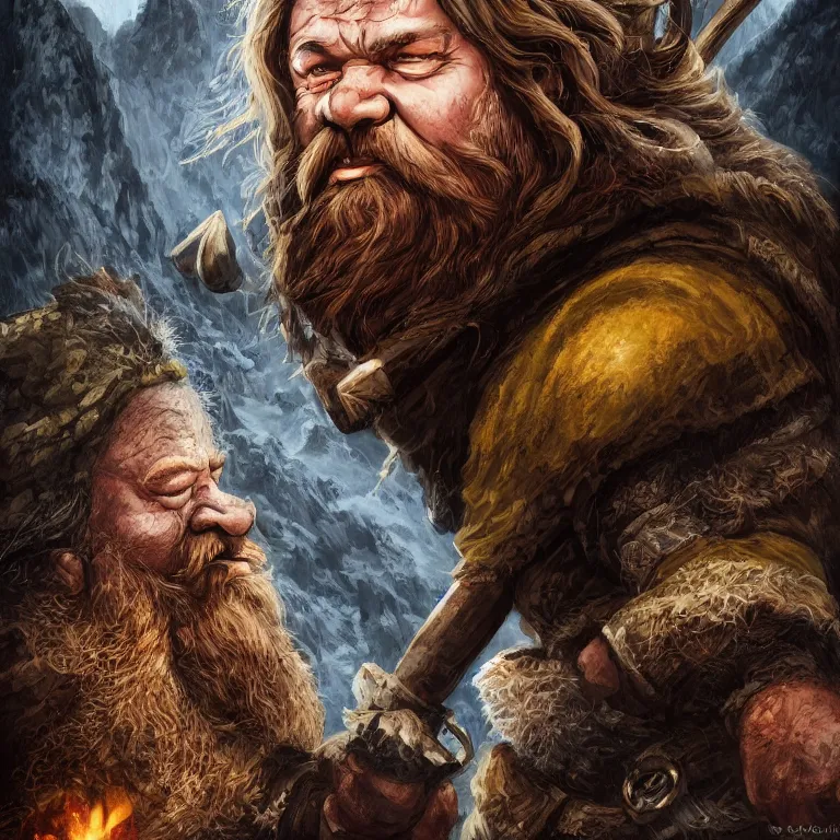 Image similar to dwarf with hammer in mountains, lord of the rings style, fantasy, poster, character portrait, portrait, close up, concept art, intricate details, highly detailed, full body, 8 k, detailed face, body