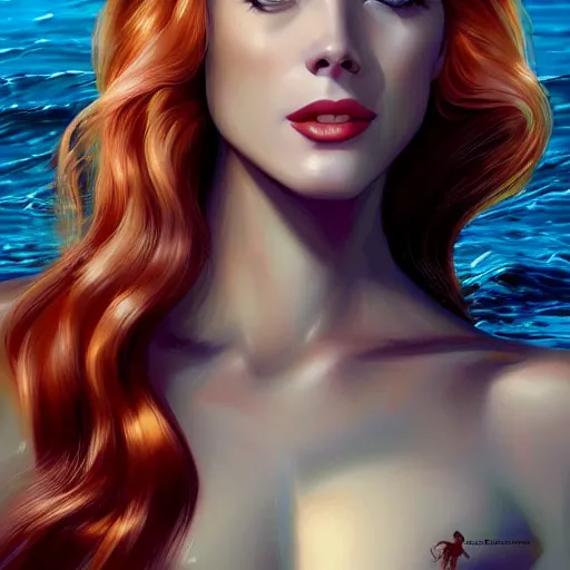 Image similar to A combination of Grace Kelly's and Katheryn Winnick's and Ashley Greene's faces with red hair as a mermaid half submerged on the beach, full body shot, western, fantasy, intricate, elegant, highly detailed, digital painting, artstation, concept art, matte, sharp focus, illustration, art by Artgerm and Greg Rutkowski and Alphonse Mucha