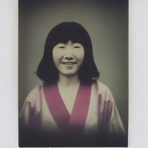 Image similar to 1 9 7 0 s polaroid of a female japanese folk musician gently smiling, hazy, faded