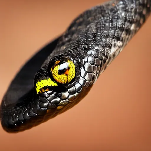 Prompt: big black snake with amber eyes, far shot