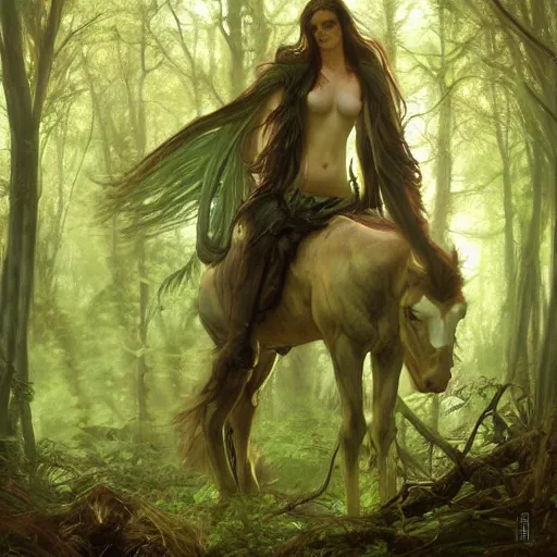 Image similar to centaur trapped in woods, desperate, dark green trimmed clothing, sharp focus, intricate, cinematic lighting, smooth, ultra realistic digital art, high fantasy, elegant, by artgerm, greg rutkowski, alphonse mucha