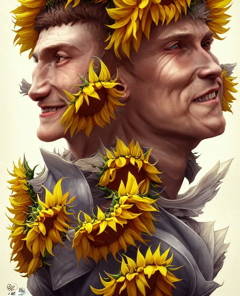 Image similar to digital art, centered full body of young any old Putin smiling king, Sunflower crown, ,intricate, veins, by James Jean and by artgerm , by ross tran ultradetailed, charachter design, concept art, trending on artstation,