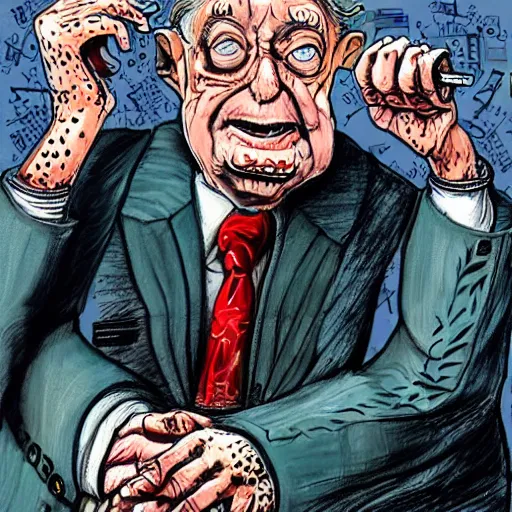 Image similar to George Soros full body shot, dollar bills Body horror, biopunk, by Ralph Steadman, Francis Bacon, Hunter S Thompson