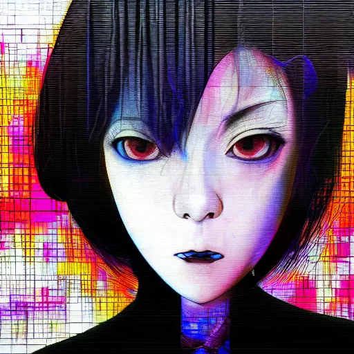 Image similar to yoshitaka amano blurred and dreamy three quarter angle portrait of a young woman with white hair and black eyes wearing dress suit with tie, playstation 2 horror game, junji ito abstract patterns in the background, satoshi kon anime, chungking express color palette, noisy film grain effect, highly detailed, renaissance oil painting, weird portrait angle, blurred lost edges