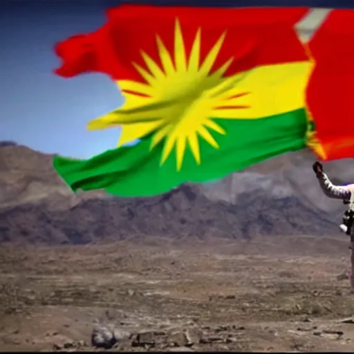 Image similar to kurdish astronaut holding a kurdish! kurdistan! flag in a movie directed by christopher nolan, movie still frame, promotional image, imax 7 0 mm footage