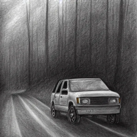 Image similar to a pencil drawing of a car driving through a forest on a gravel road, soft lighting, atmospheric, sunlight. by pen tacular