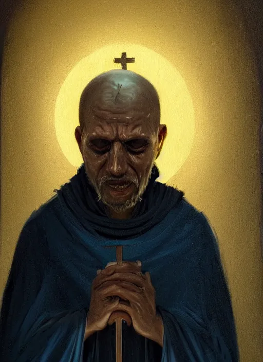 Image similar to oil painting portrait of a weeping sobbing tonsured dominican monk in a brown habit, kneeling in a blue cold moonlit empty small chapel at night, hazy, digital art, artstation, cinematic, moonlight, digital art painting by greg rutkowski, hazy atmosphere, candles, cinematic blue lighting