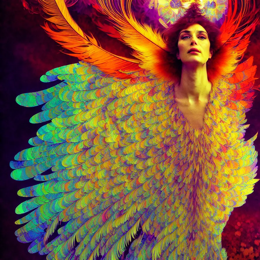 Image similar to face of innocent psychedelic transcendent feather mind bending psychedelic wings of glossy liquid honey flowing like kaleidoscopic translucent holograph, lsd feathers, feathery fluff, enlightenment, high contrast dappled lighting, refracted sunset, highly detailed, concept art, art by collier, albert aublet, krenz cushart, artem demura, alphonse mucha