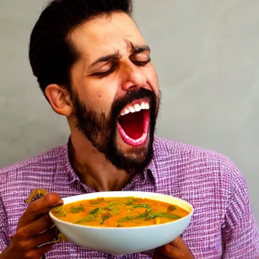 Image similar to photo of a man ecstatically eating a bowl of indian curry. weeping with joy, hands raised