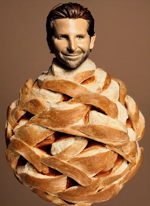 Prompt: bradley cooper sculpture made out of bread, bread sculpture, studio lighting