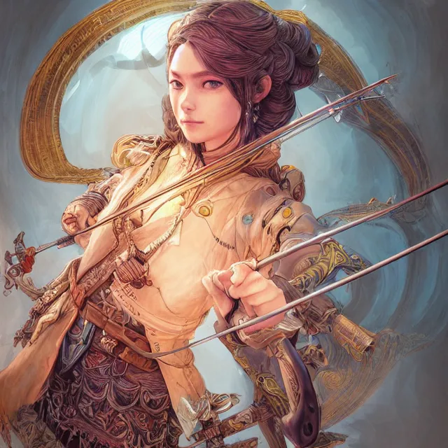 Image similar to the portrait of lawful neutral semi - colorful female archer huntress as absurdly beautiful, gorgeous, elegant, young girl, an ultrafine hyperdetailed illustration by kim jung gi, irakli nadar, intricate linework, bright colors, octopath traveler, final fantasy, unreal engine 5 highly rendered, global illumination, radiant light, detailed and intricate environment