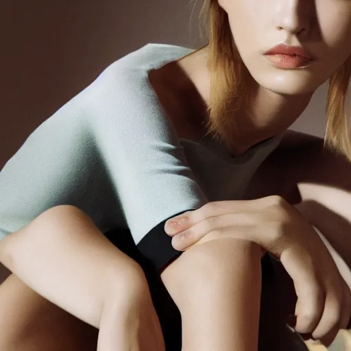 Image similar to close up of face of female fashion model sitting on chair, beige colors, official jil sander editorial