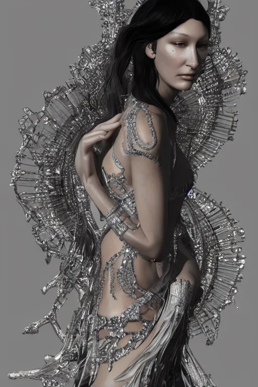 Image similar to a highly detailed portrait of a beautiful alien goddess bella hadid in iris van herpen dress in diamonds in style of alphonse mucha art nuvo trending on artstation made in unreal engine 4