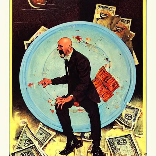 Prompt: anton lavey burning money, poster, magic, retro, painted by norman rockwell