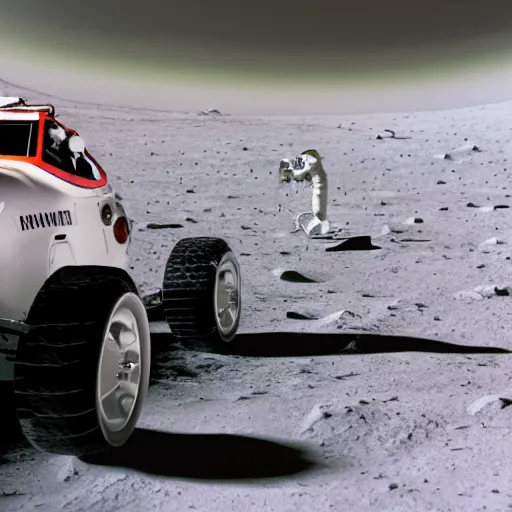 Image similar to render of astronaut driving a red convertible sports car on the moon, 3 5 mm, full - hd