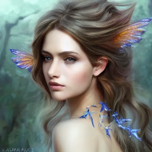 Image similar to most beautiful woman fairy wings on earth, intricate, highly detailed, digital painting, hyperrealistic, hyperdetailed, windy hair, artstation, concept art, smooth, sharp focus, illustration, unreal engine 5, 8 k, art by laura sava - h 7 0 0