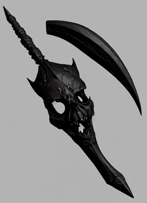 Prompt: a black long sword skull crest, orthographic, ornament, weapon, a 3 d render by dom qwek, front side views full, trending on polycount, artstation, hard surface modeling, rendered in maya, 3 ds max, blender, hd, vray, berserk blood, symmetry