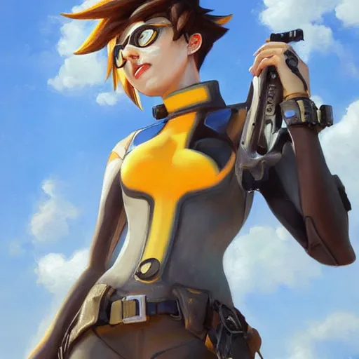 Image similar to oil painting of tracer overwatch in a field wearing tall steel choker around neck, in style of mark arian, expressive face, detailed face, detailed eyes, full body, feminine face, tracer overwatch,