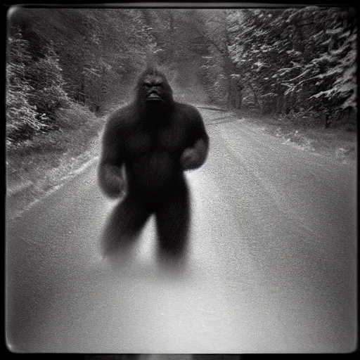 Image similar to footage of a sasquatch caught on a wildcamera, black and white, blurry footage, wild camera, night