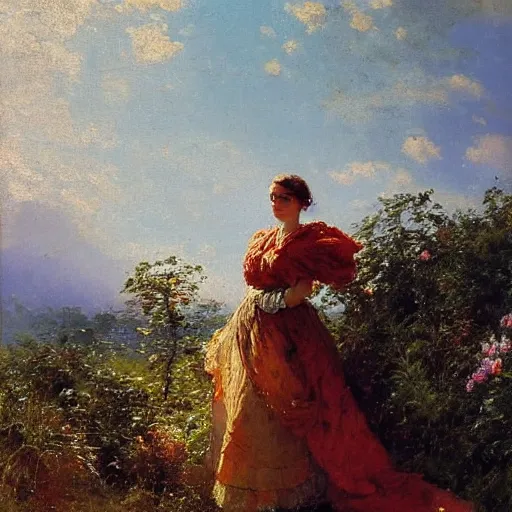 Prompt: a portrait of a young woman in a scenic environment by nikolay makovsky