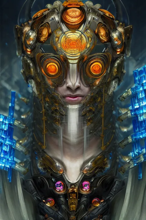 Image similar to asura from chinese myth, ghost, gorgeous and huge head ornaments, dystopian, cyberpunk, organic fractal mycelum and fungi, mecha, halfturn portrait of a big crystal face made of crystals half - turn, ominous, intricate, studio, art by anthony macbain + greg rutkowski + alphonse mucha, concept art, 4 k, sharp focus