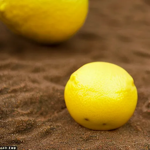 Image similar to a lemon in shape of a human with legs of lemons and round body, arms of lemons, it's relaxing on a beach, volumetric light