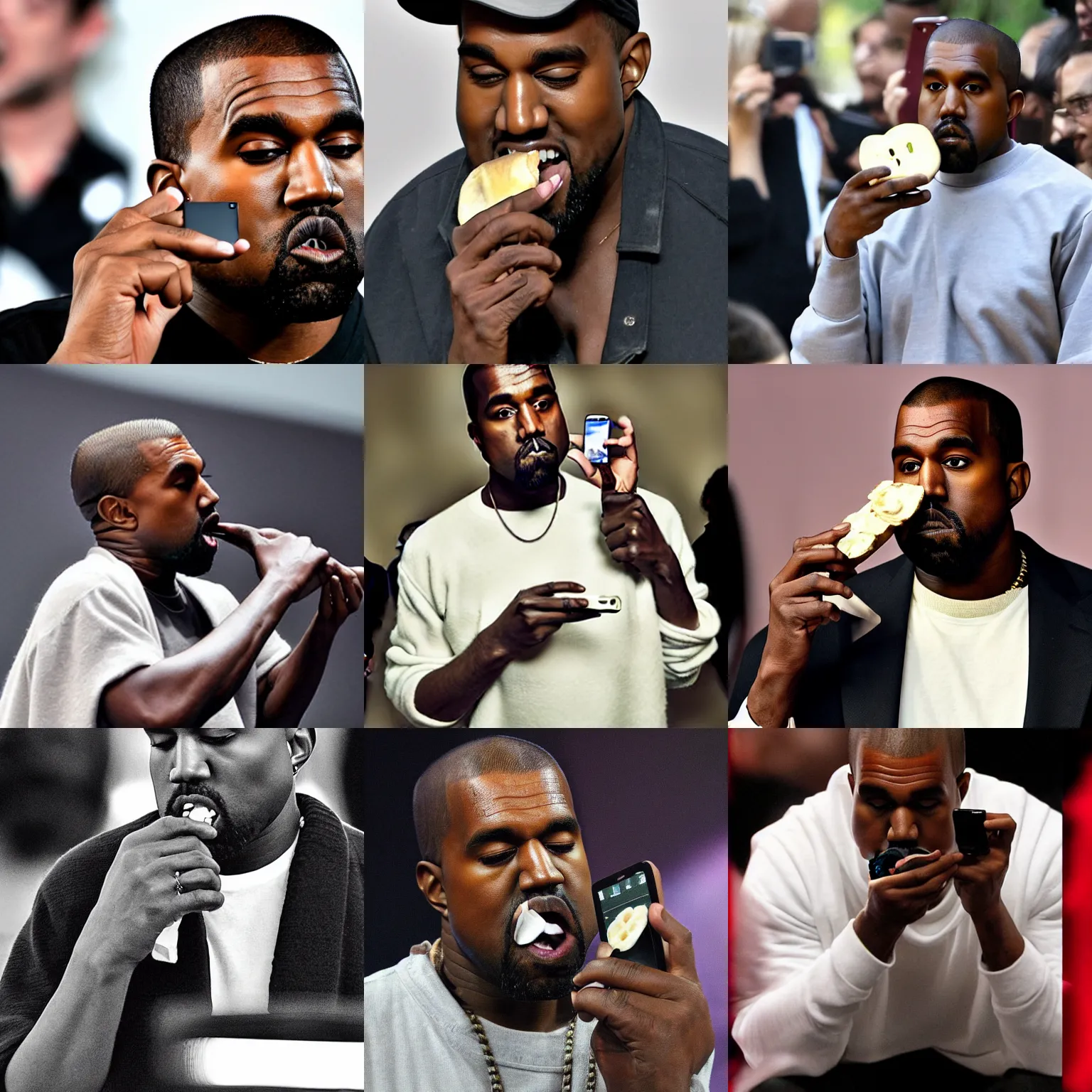 Prompt: kanye west eating an iphone, putting cellphone in mouth