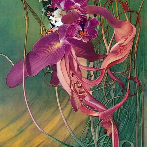 Prompt: majestic colorful orchid mantis by leon bakst and yoshitaka amano, beautiful hyperdetailed art nouveau orchids, james jean, carlos schwabe, amanda sage