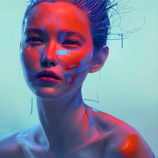 Image similar to 3 d, sci - fi, morning, sleepy fashion model face, sun, neon, cinematic, lightning clouds, vogue cover style, poster art, light red and deep blue mood, realistic painting, intricate oil painting, high detail, figurative art, multiple exposure, poster art, 3 d, by tooth wu and wlop and beeple and greg rutkowski