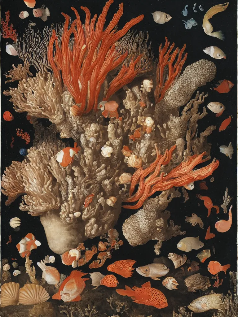 Prompt: Wan-li Vase of Coral under the sea, with shells and fish, Ambrosius Bosschaert the Elder, oil on canvas