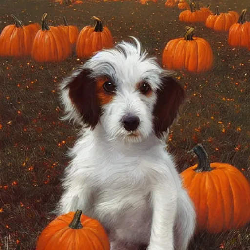 Prompt: a very cute scruffy long haired jack russell terrier puppy, white with brown spots and a brown patch over each eye, amidst piles of pumpkins. halloween autumn fall art. beautiful painting by artgerm and greg rutkowski and alphonse mucha