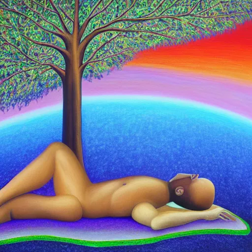 Image similar to painting of a peaceful man relaxing under a tree by alex grey, acrylic art, calm, soothing, cosy, elegant, soft light, psychedelic