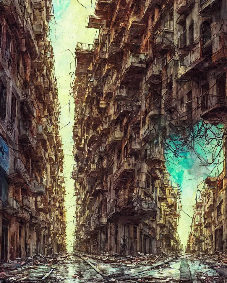 Prompt: abandoned streets of Barcelona, post-apocalyptic painting, cosmic horror