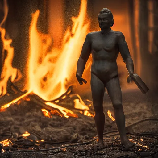 Prompt: a human figure emerging from fire ash, cinematic lighting, ultra realistic, bokeh