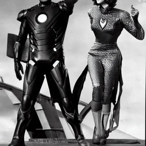 Prompt: Still of Cary Grant as Iron Man and Katharine Hepburn as Black Widow in the Avengers