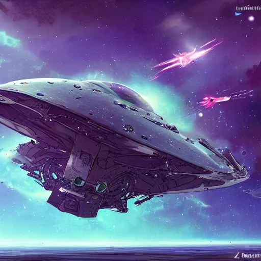 Prompt: concept art of an alien spacecraft, stars, meteorites, floating debris, beautiful, fantasy, colorful, cinematic lighting, artstation, trending, highly detailed, focus, smooth, by studio ghibli, rossdraws, hirohiko araki, conrad roset, yoshitaka amano