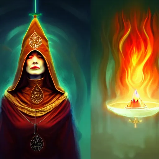Prompt: ( a priestess with a hood that covers half her face carries an incense burner that emits a pleasantly colored flame. ) by anato finnstark, photorealistic, fullbody portrait, dynamic lighting, beautiful, trending on artstation, wallpaper, 4 k, award winning, digital art, golden huese